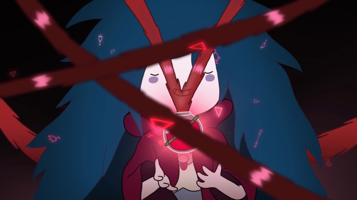 Character with blue hair and red ribbons holding a potion