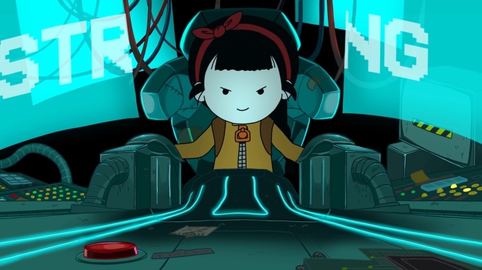 Girl in a mech suit with "STRONG" displayed