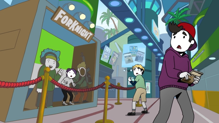 People at a "Forknight" store with game displays