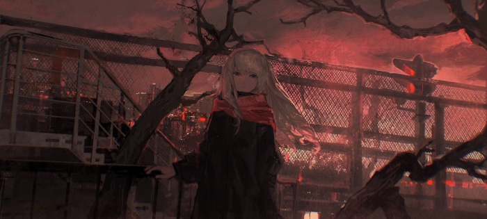 Girl with red scarf in a dystopian city