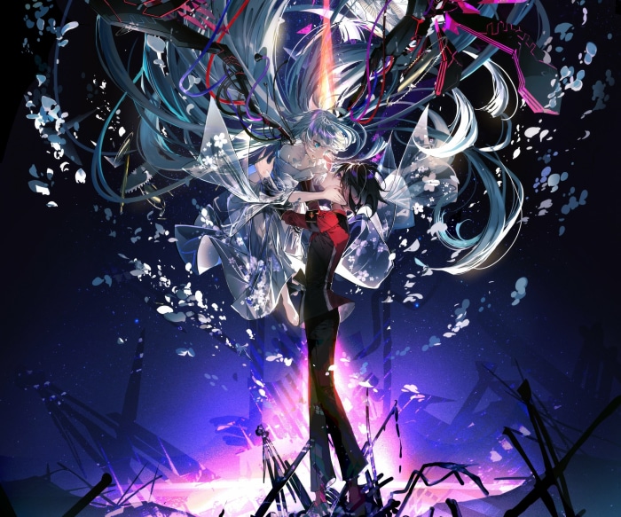 Couple embracing amidst digital debris and cherry blossoms