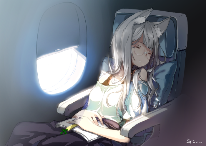 Anime girl with cat ears sleeping on an airplane