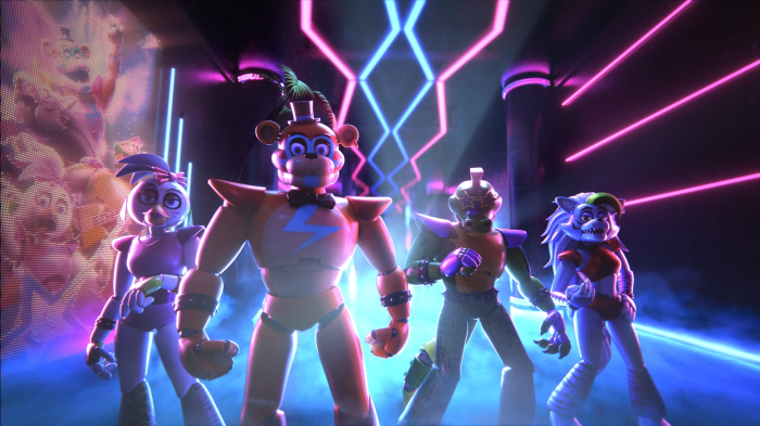 Glamrock Freddy, Chica, Roxanne Wolf, and Montgomery Gator from Five Nights at Freddy's Security Breach