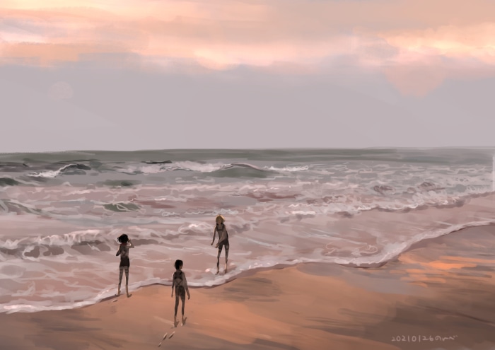 Attack on Titan characters on a beach at sunset