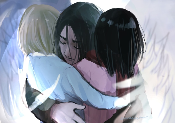 Eren Yeager, Mikasa Ackerman, and Armin Arlert from Attack on Titan