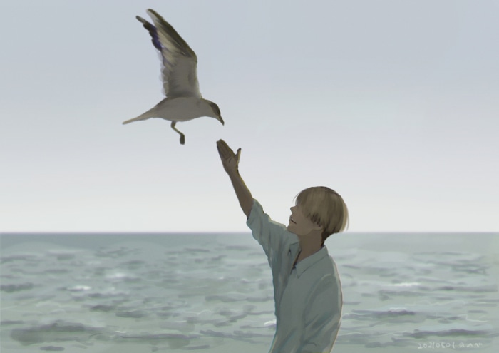 Armin Arlert from Attack On Titan with a seagull