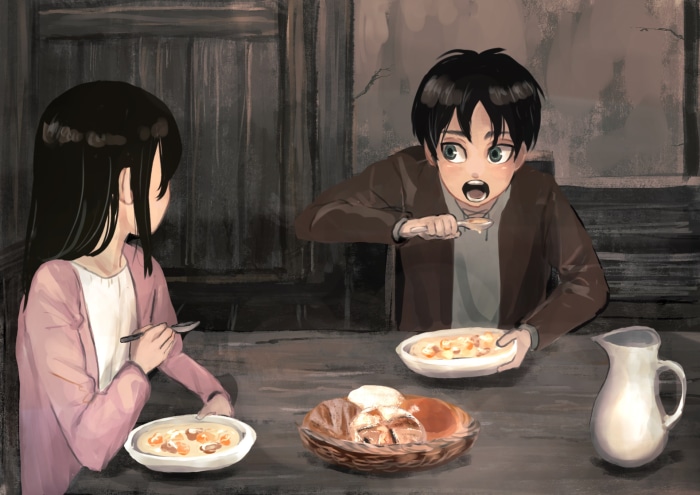 Eren Yeager and Mikasa Ackerman eating
