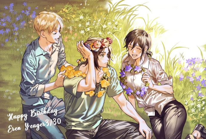 Eren Yeager, Armin Arlert, and Mikasa Ackerman from Attack on Titan