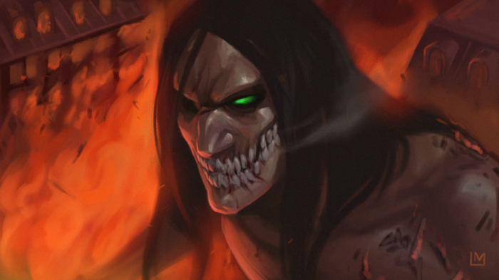 Eren Yeager from Attack On Titan in flames