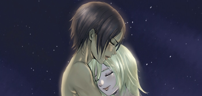 Historia Reiss and Ymir hugging under stars