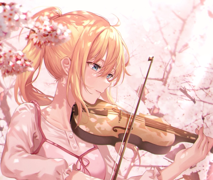 Kaori Miyazono playing violin among cherry blossoms