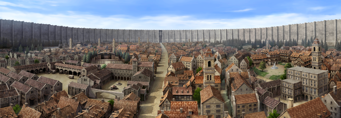 Cityscape with massive wall in Attack on Titan