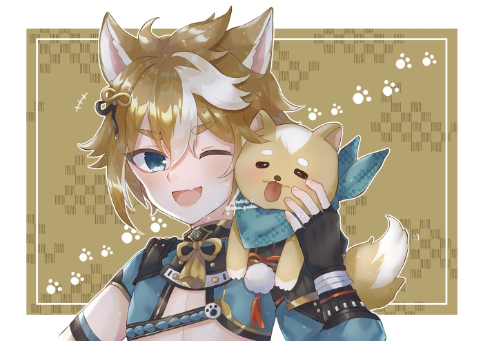 Gorou from Genshin Impact with a plush toy