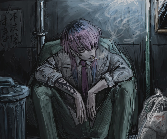Haruchiyo Sanzu sitting in a dark alley smoking