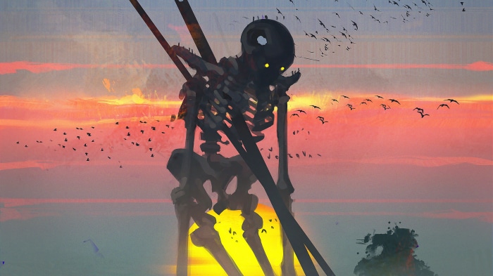 Giant Skeleton Silhouette Against Sunset with Birds