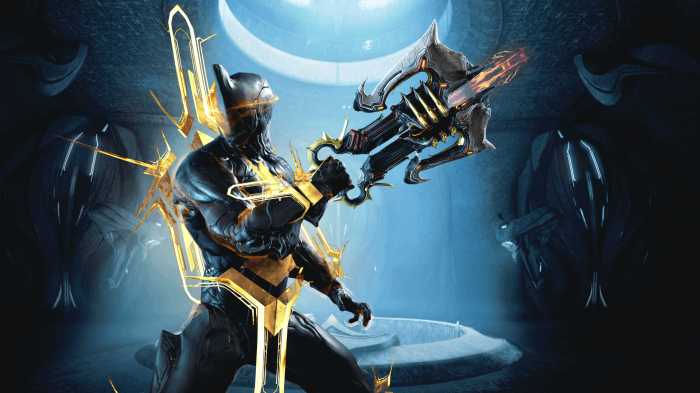 Warframe character with glowing weapon