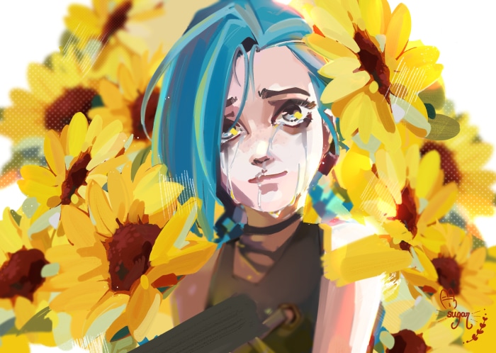 Jinx from Arcane surrounded by sunflowers