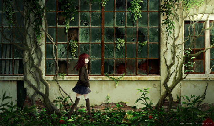 Girl walking past a broken window building