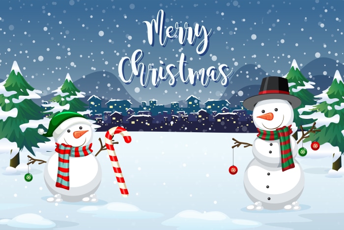 Merry Christmas Snowmen with Candy Cane and Ornaments