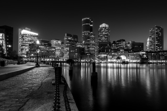 Boston Skyline at Night Black and White
