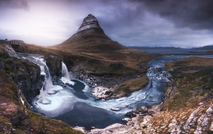 Kirkjufell mountain and Kirkjufoss waterfall in Iceland