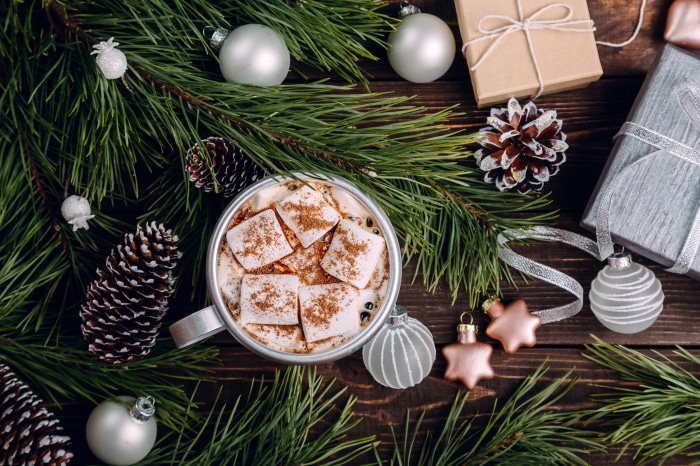 Hot Chocolate with Marshmallows and Christmas Decorations