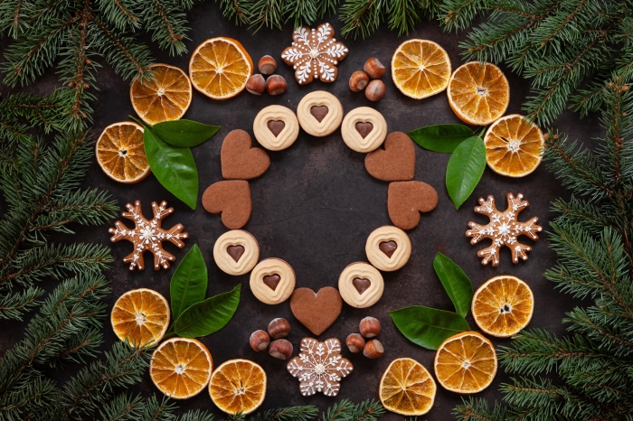 Christmas still life with cookies and oranges 4K