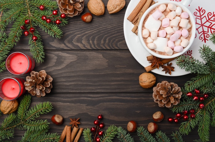 Christmas still life with hot chocolate and pine cones