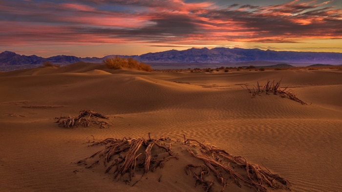 Desert sand dunes at sunset with mountains