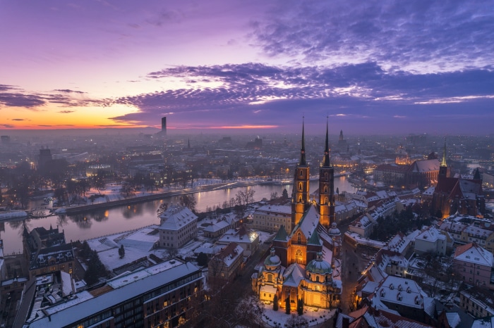 Wroclaw, Poland at sunrise with snow