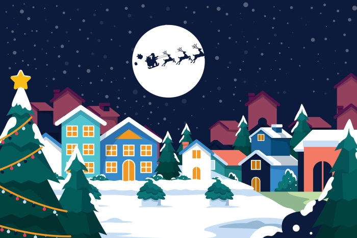 Christmas Village Scene with Santa Flying