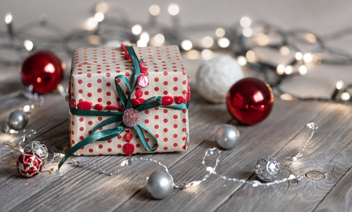 Christmas gift with ornaments and lights