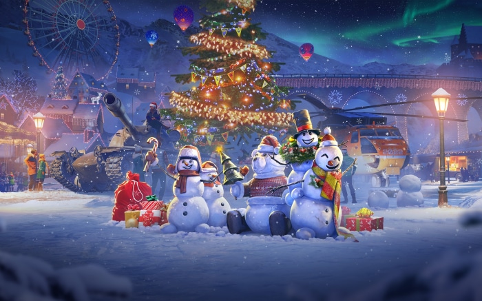 World of Tanks Christmas scene with snowmen and helicopter