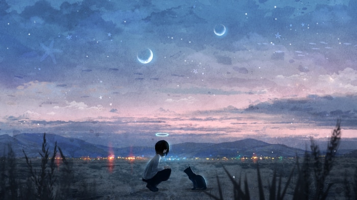 Girl with Halo and Cat under Crescent Moons