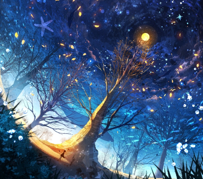 Magical night sky with trees and a girl