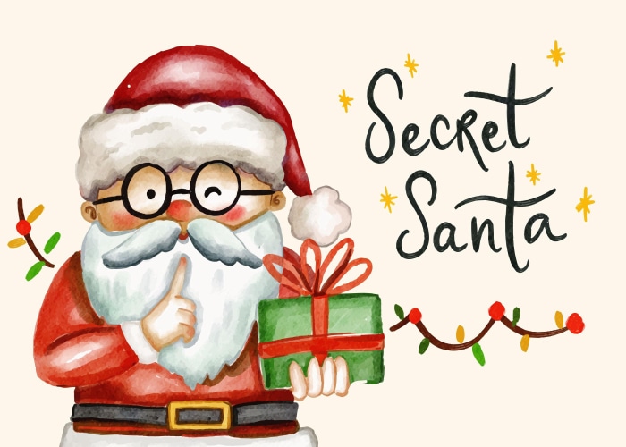 Santa Claus holding a gift with Secret Santa text