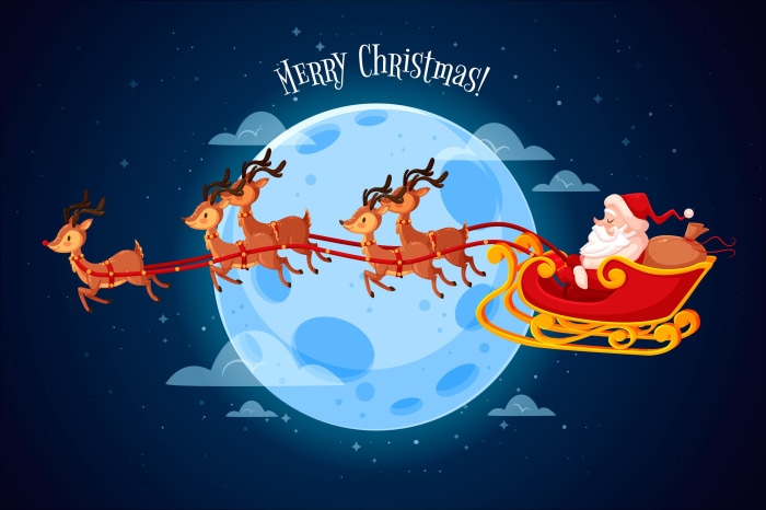 Santa Claus and reindeer sleigh flying past the moon
