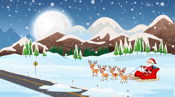 Santa Claus in Sleigh with Reindeer in Winter Landscape