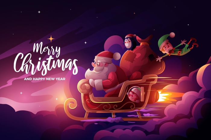 Santa Claus in a Sleigh with Elves and Penguin