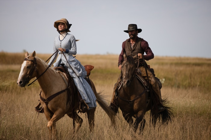 Woman and Man on Horses in a Field
