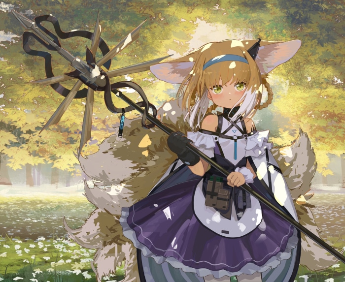 Suzuran from Arknights holding a staff