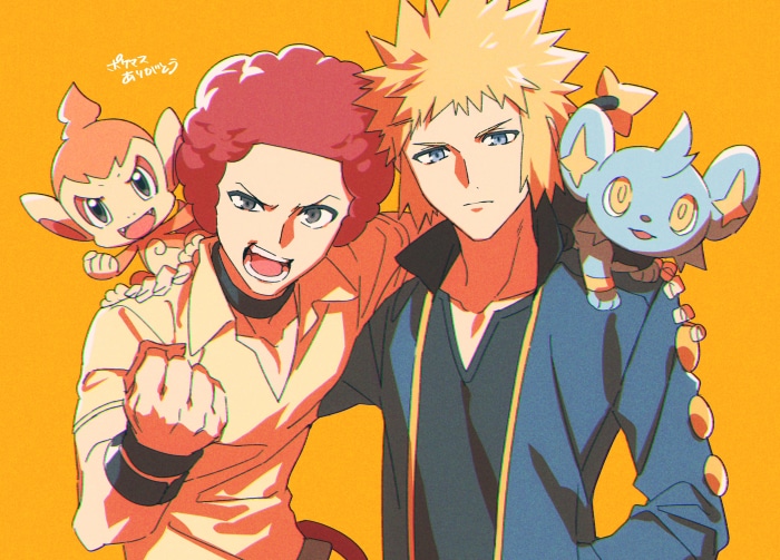 Flint and Volkner from Pokémon with Chimchar and Shinx