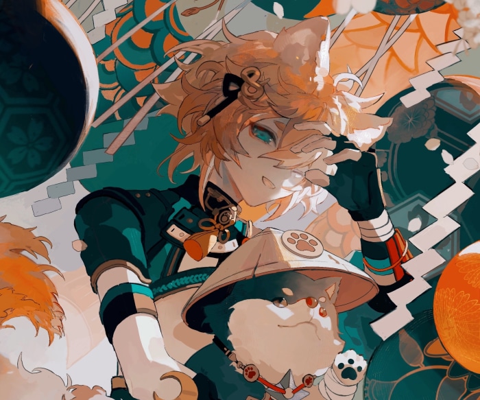 Gorou from Genshin Impact with a Shiba Inu