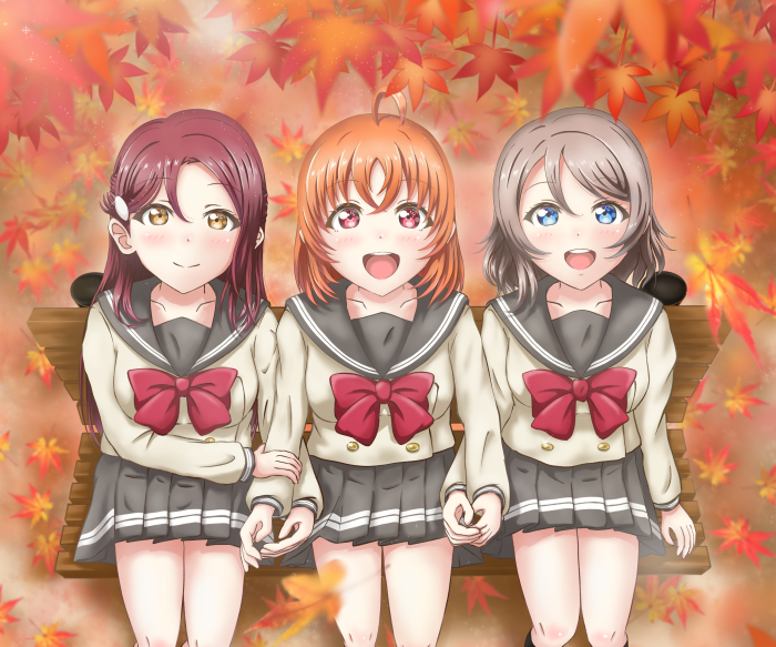 Riko Sakurauchi, Chika Takami, and You Watanabe from Love Live! Sunshine!!