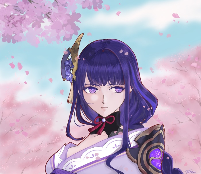 Raiden Shogun from Genshin Impact with Cherry Blossoms