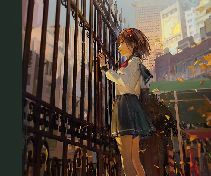Girl in School Uniform Looking Through Gate
