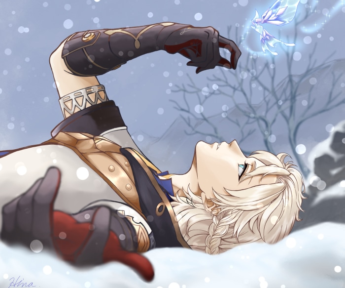 Albedo from Genshin Impact with a fairy in the snow