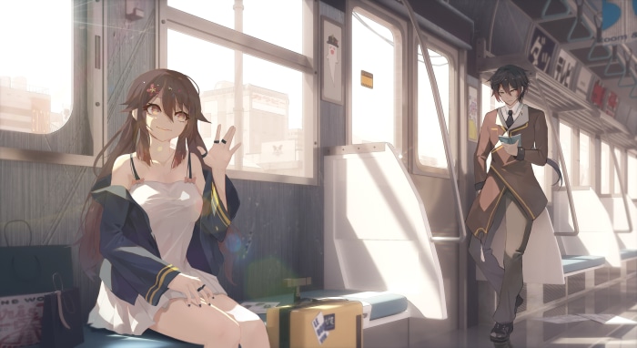 Hu Tao and Zhongli from Genshin Impact on a train
