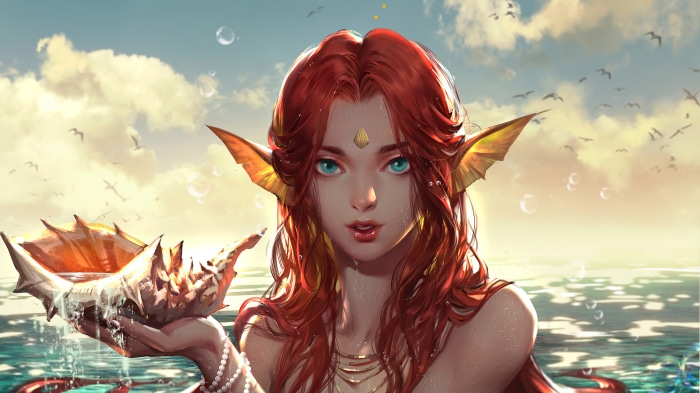 Fantasy Mermaid with Red Hair Holding Seashell
