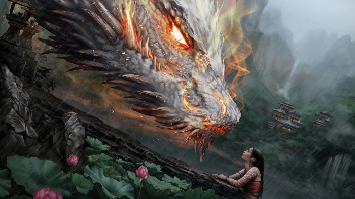 Fantasy Dragon and Woman in Lotus Pond 4K